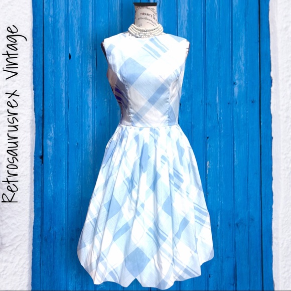 Vintage 1950’s Blue & White Plaid Sleeveless Circle Skirt Dress, Dress de Ville - Picture 5 of 8